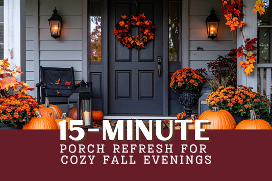 A photo of a cozy fall front porch with the title of the blog post "15-Minute porch refresh for cozy fall evenings."