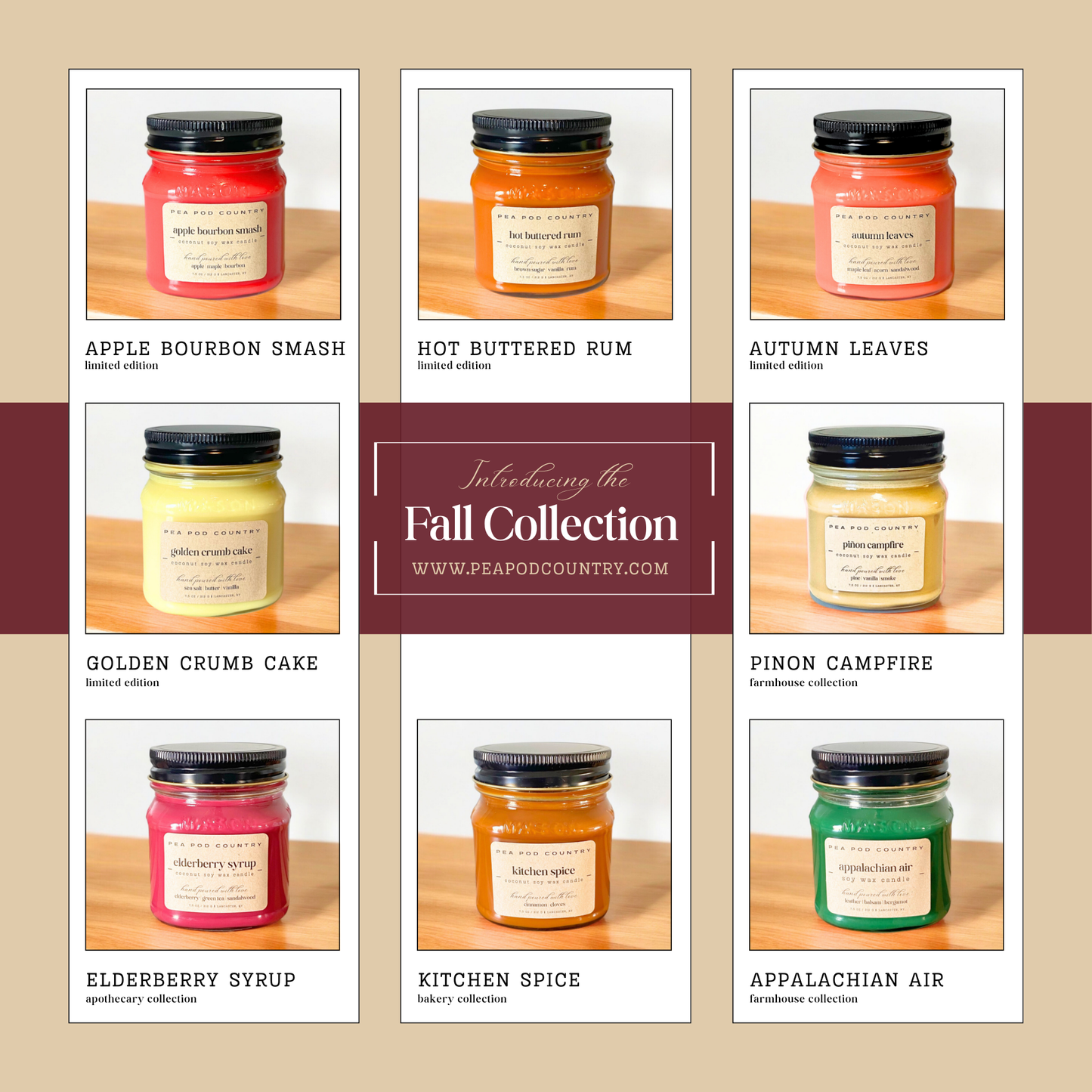 Eight mason jar candles in the fall scent collection.